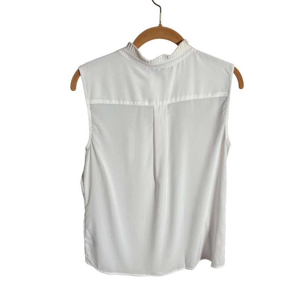 Elie Tahari White Sleeveless Pleated Ruffle Neck Blouse Top M/M Modest Minimal - Picture 3 of 8